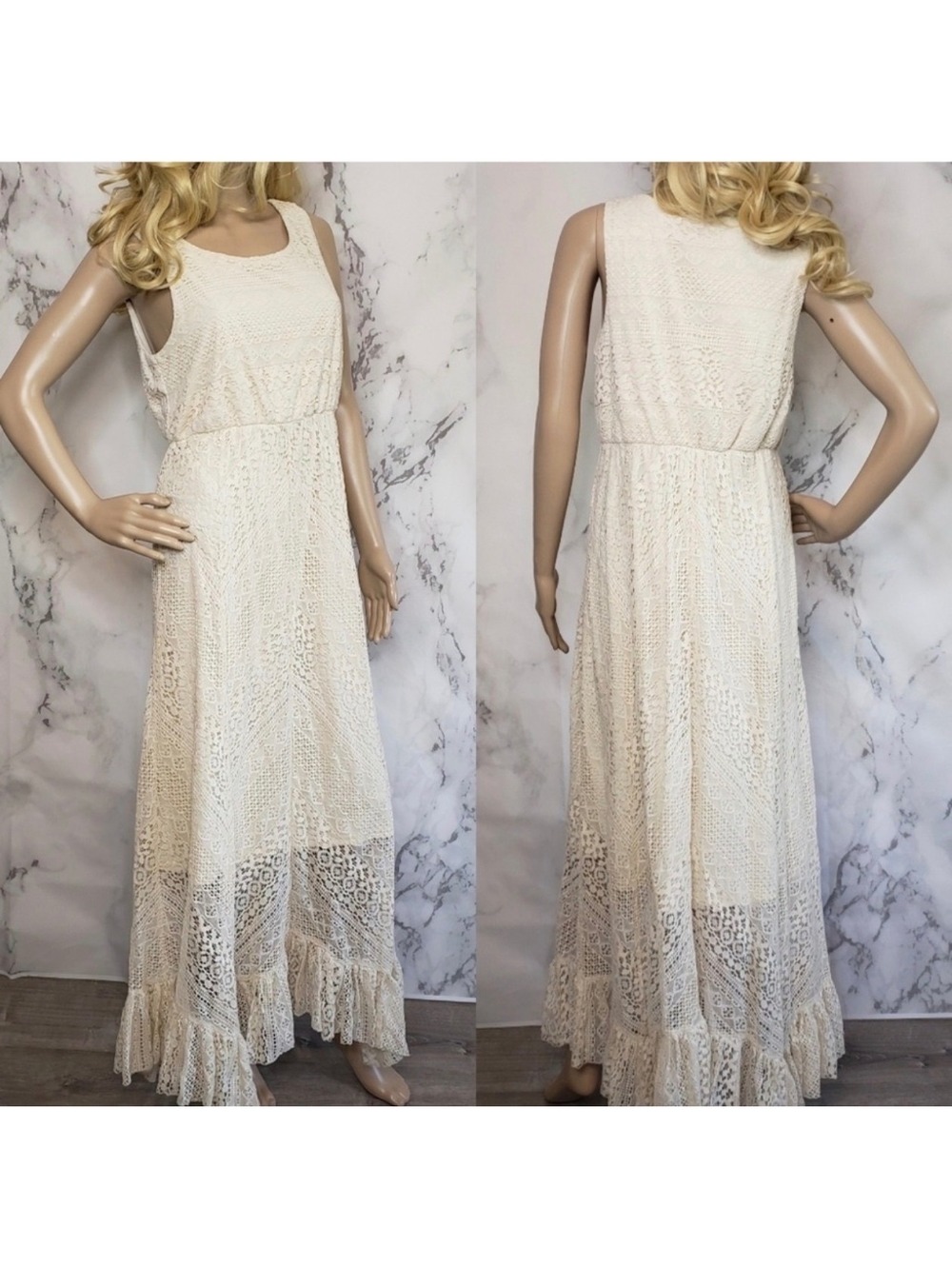 Solitaire by Ravi Khosla Cream Lace Maxi Dress Size Medium